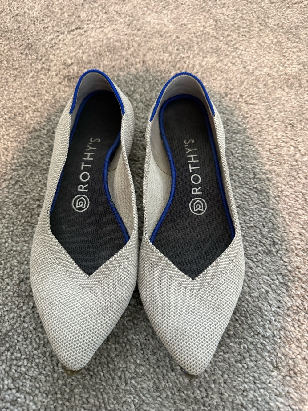 Rothy's The Point Flat in Light Gray with Blue Trim